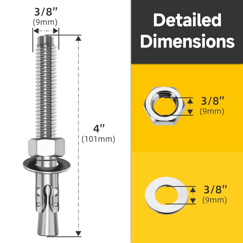 MYWISH 3/8 x 4 Inch Wedge Anchors, 10Pcs 304 Stainless Steel Industrial 3/8 Heavy Duty Industrial Masonry Wdege Anchor Bolts for Brick Cement and Concrete, Bright Finish - Image 2